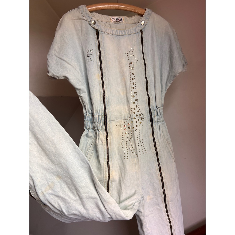 Vintage 80s Jumpsuit Denim Rhinestone Studded Zipper Retro Giraffe Fox Baggy